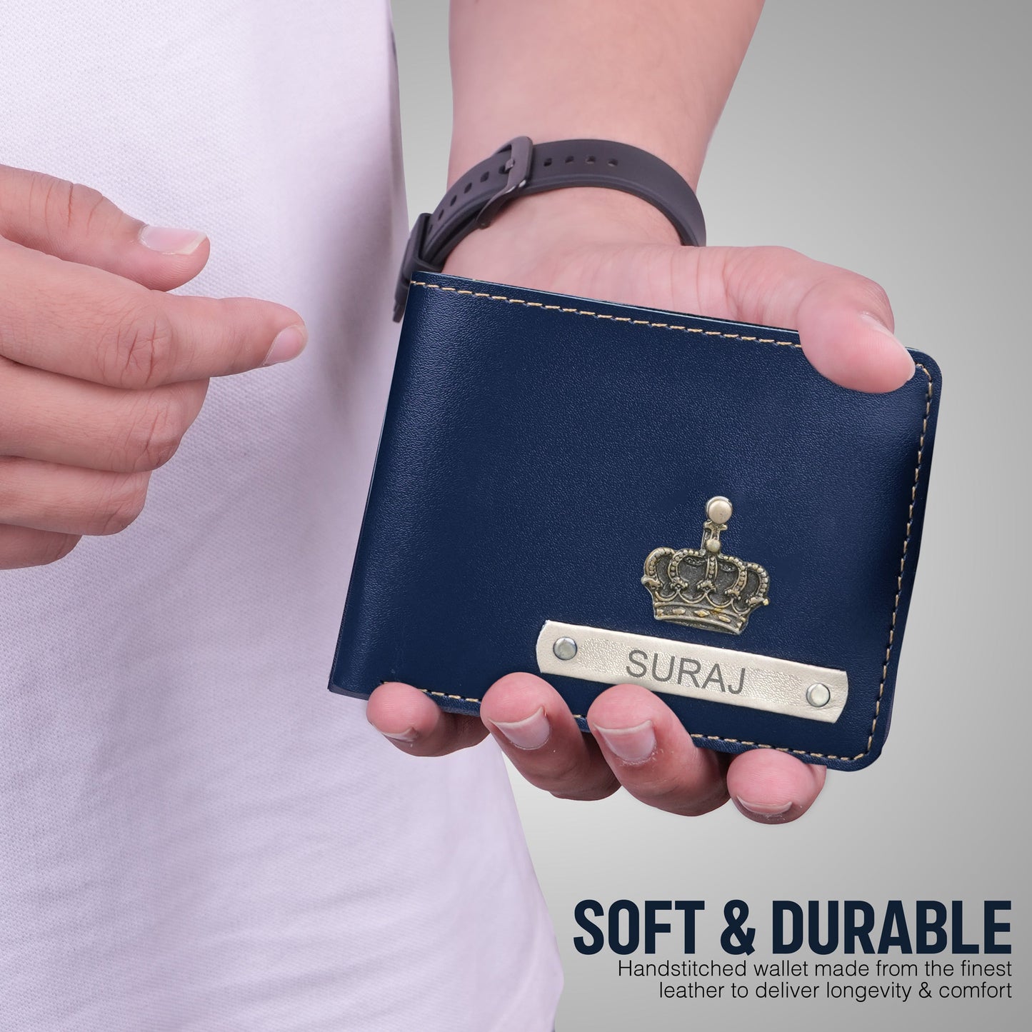 Blue Personalized Leather Wallet & Keychain Gift Set