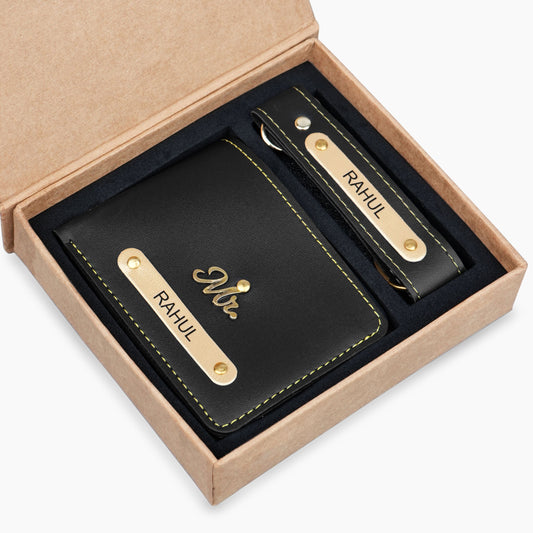 Black Personalized Leather Wallet & Keychain Gift Set