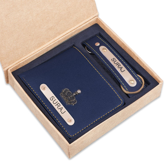 Blue Personalized Leather Wallet & Keychain Gift Set