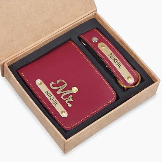 Red Personalized Leather Wallet & Keychain Gift Set