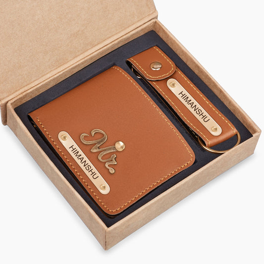 Tan Personalized Leather Wallet & Keychain Gift Set