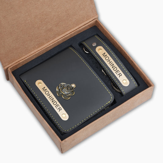 Grey Personalized Leather Wallet & Keychain Gift Set