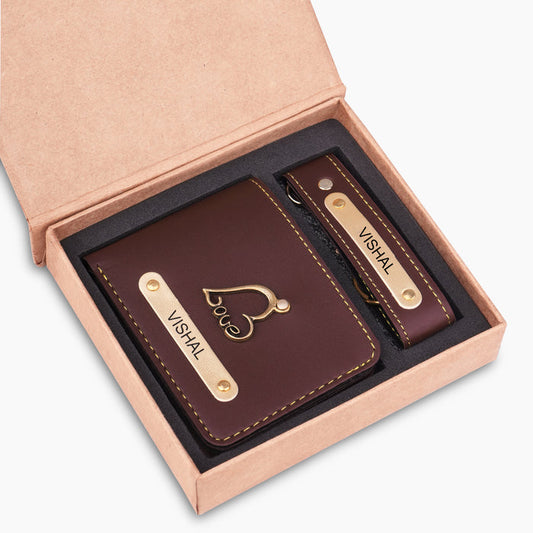 Brown Personalized Leather Wallet & Keychain Gift Set
